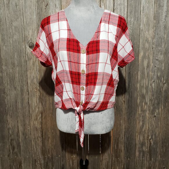 Universal Thread M Crop Top Tie Front Red Plaid Dolman Short Sleeve V Neck - Picture 1 of 6